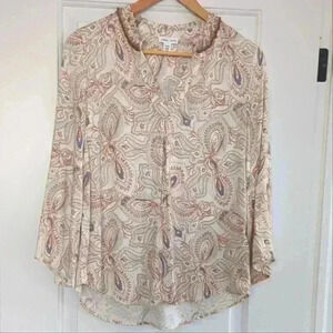 🌴2/$25🌴TRIBAL JEANS | Women's Cream/Tan/Blue V-Neck Boho Jeweled  Top